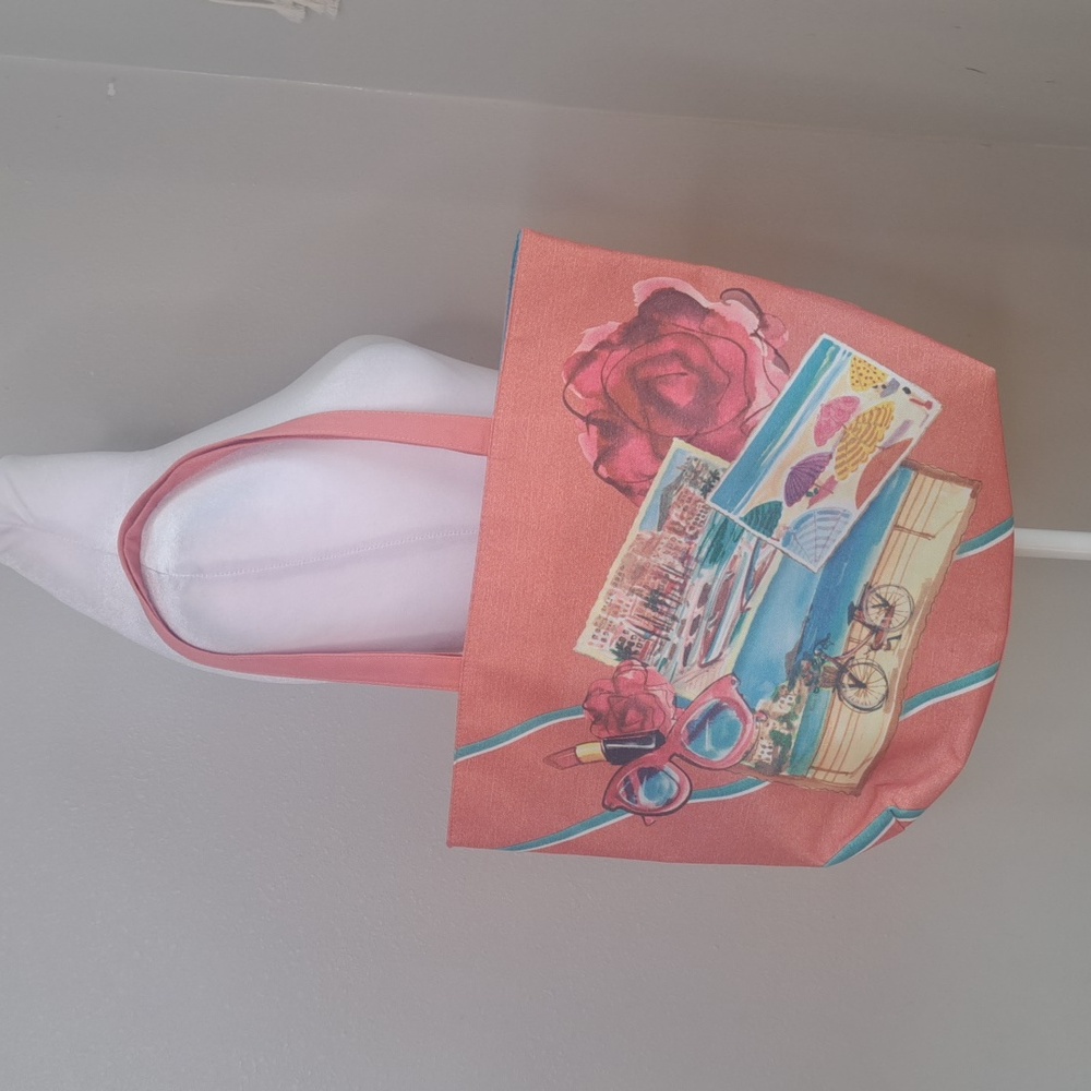 Lancome Pink Blush Summer Postcard Print Fully Lined Tote Bag Beach 14.5"X16.5"